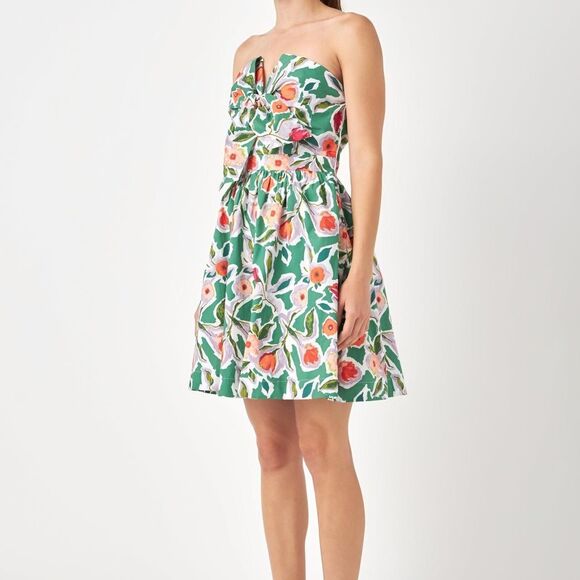 NWT English Factory Coquette Front Tie Green Multi Rose Flower Bustier Dress L - Picture 2 of 8